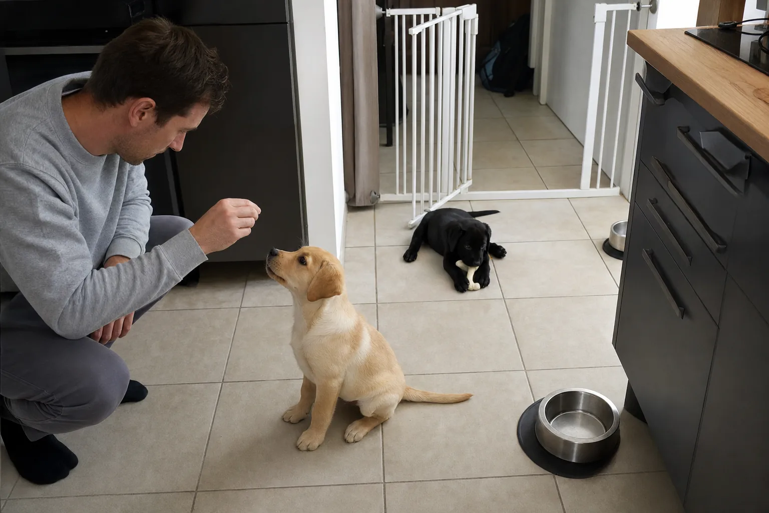 Homme accroupi dans une cuisine qui fait asseoir un chiot labrador sable, pendant qu’un chiot labrador noir mâchonne un os
