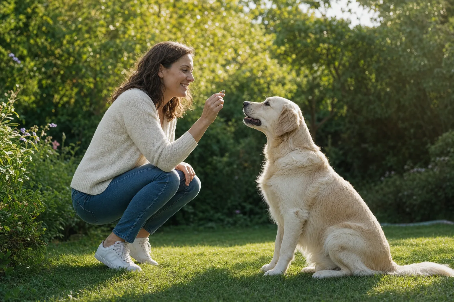 Femme accroupie récompensant son chien avec une friandise dans un jardin