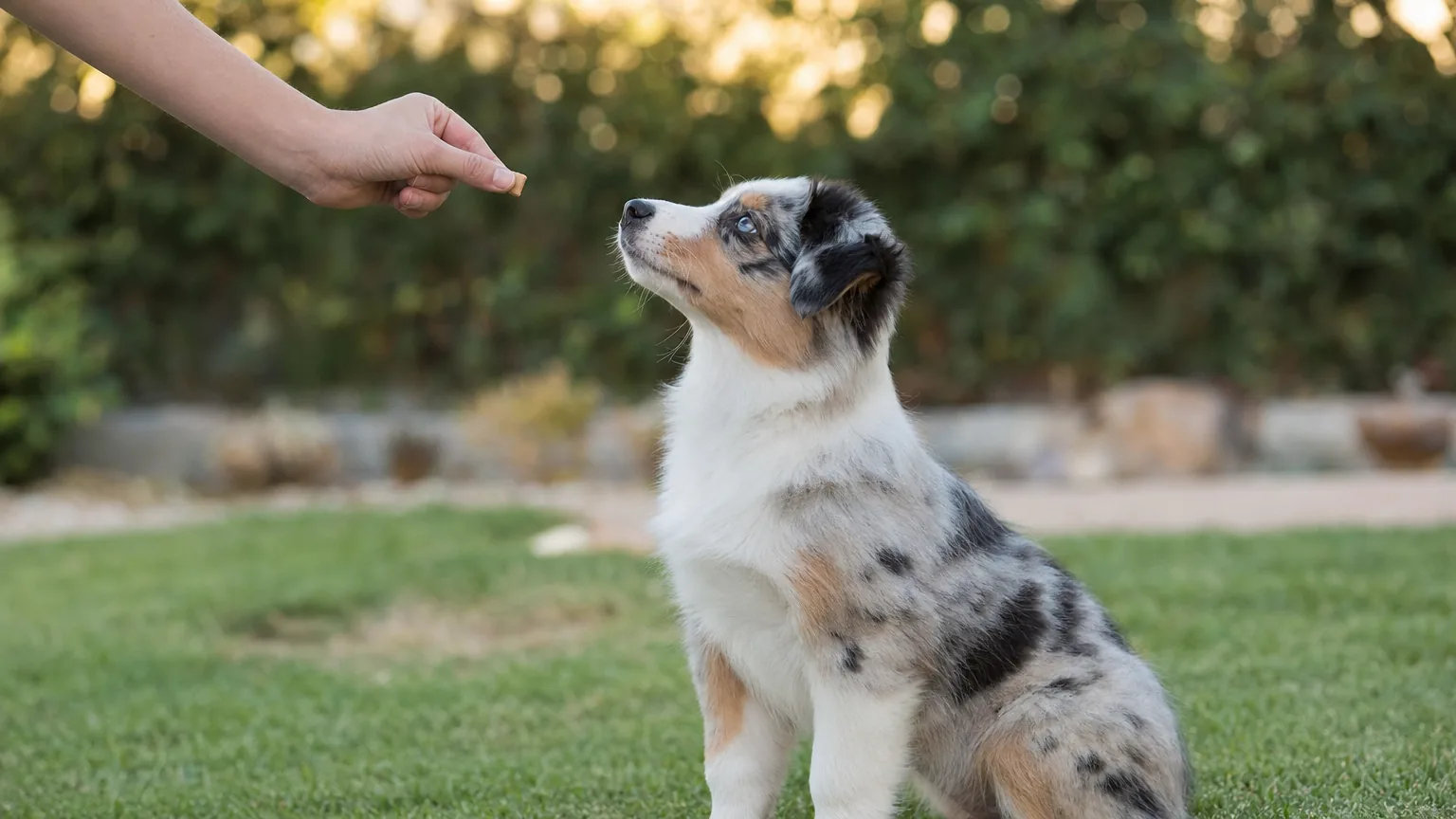 Chiot berger australien recevant une friandise en récompense dans un jardin
