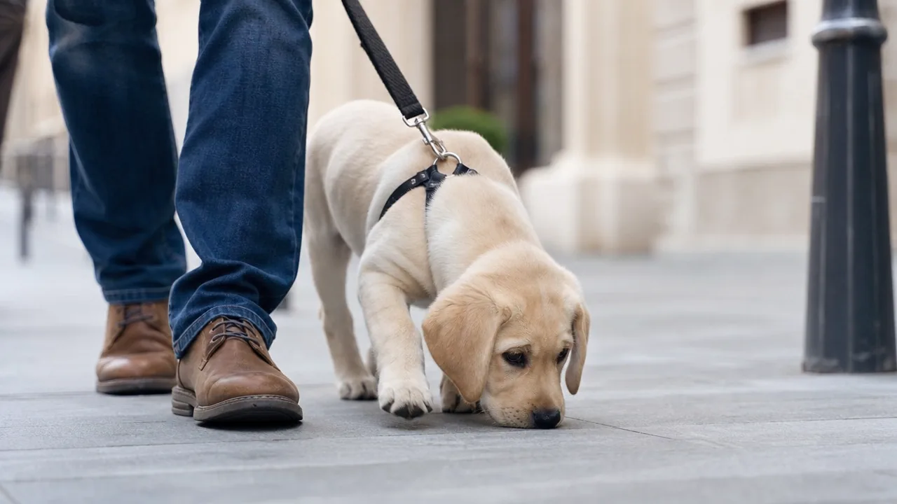 Chiot labrador découvrant un trottoir de ville près de son maître