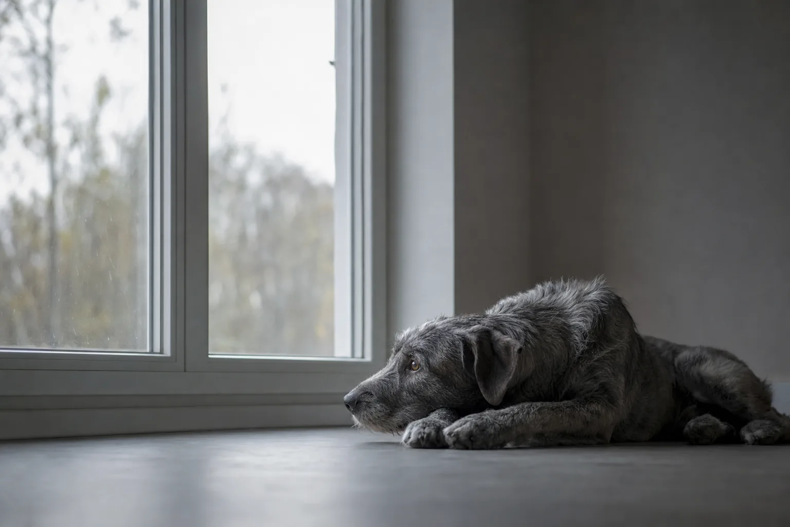 Chien gris couché au sol devant une fenêtre, tête sur les pattes, dans une pièce vide