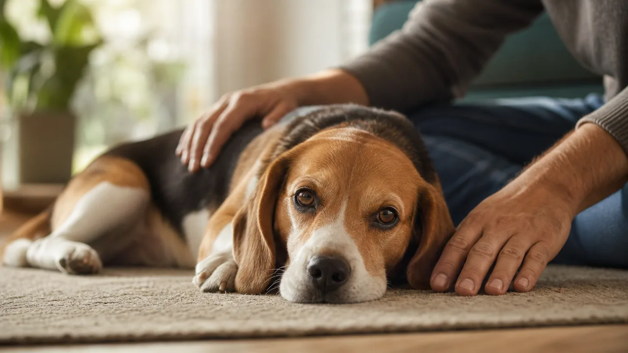 Beagle couché au repos sur un tapis, veillé avec bienveillance par son propriétaire
