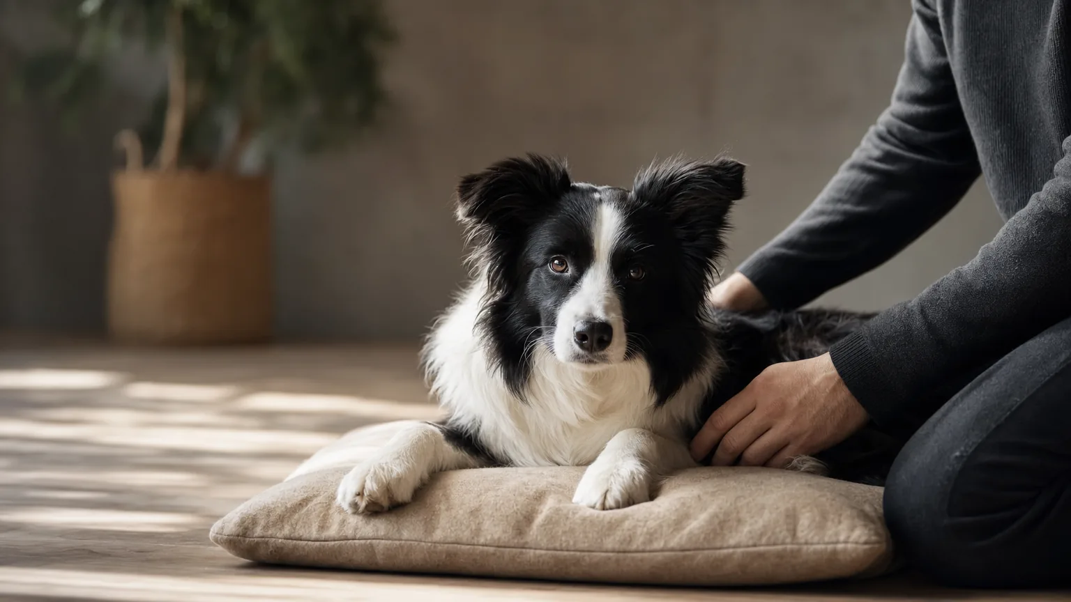 Border collie allongé au calme sur un coussin dans un espace dégagé et sécurisé