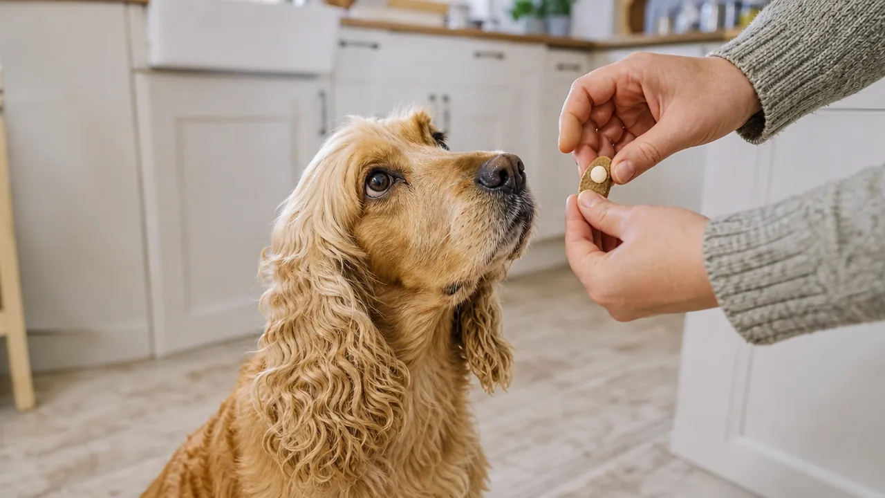 Propriétaire donnant un comprimé caché dans une friandise à un cocker calme