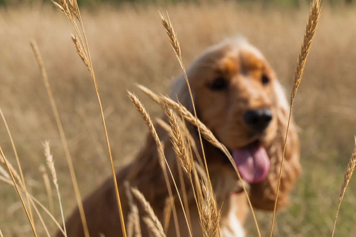 Gros plan sur des épillets d'herbes sèches dorées dans un champ estival, un cocker en arrière-plan