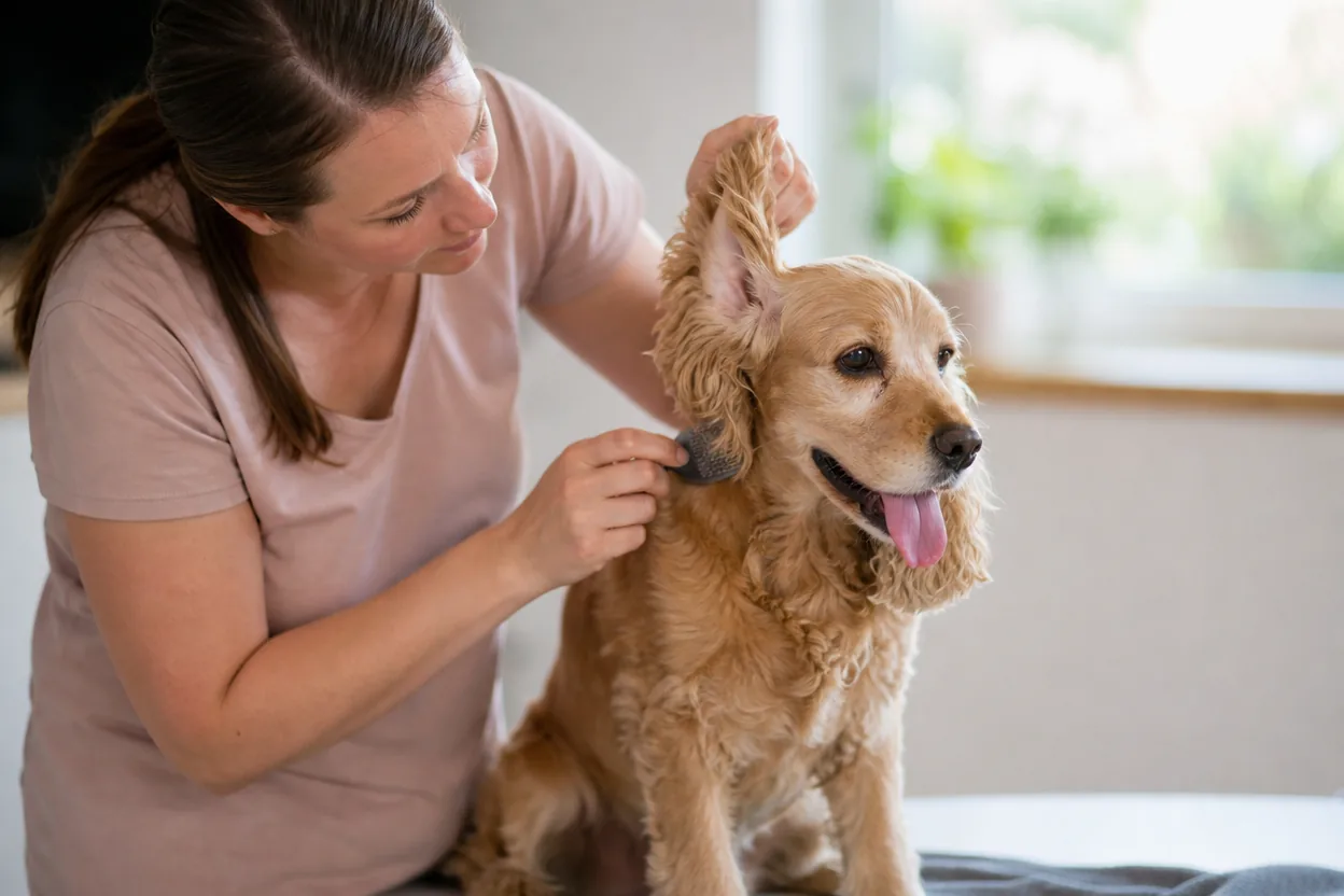 Personne brossant et vérifiant les oreilles d'un cocker après une promenade estivale