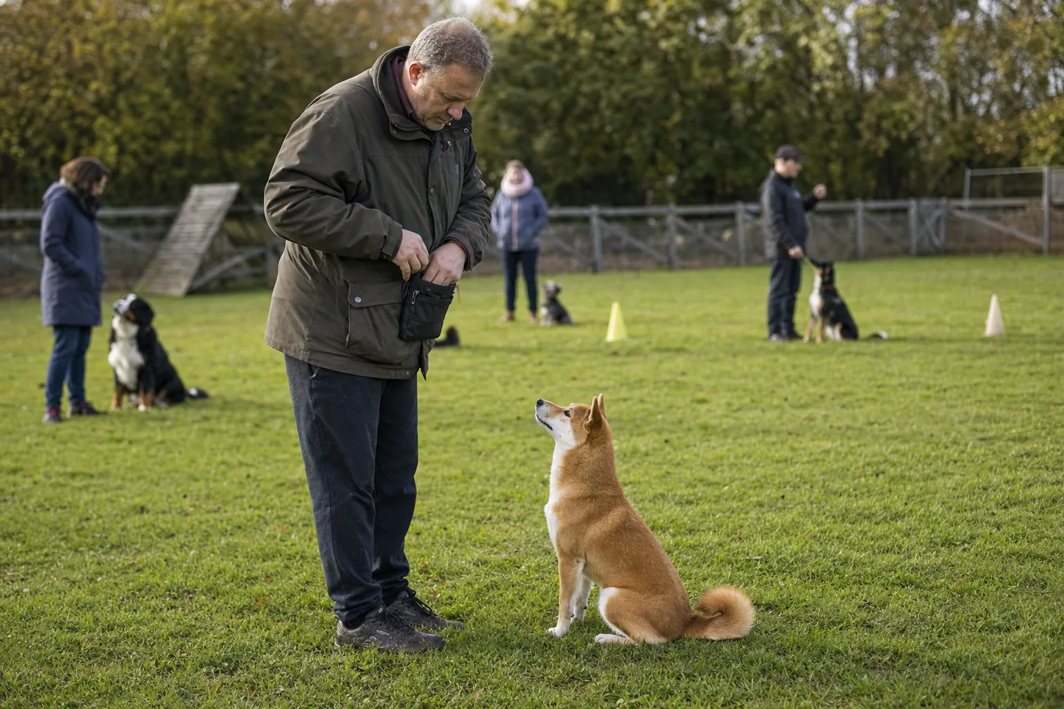 Homme en parka qui fouille dans sa pochette à friandises pendant qu’un shiba inu assis le regarde, sur le terrain d’un club canin