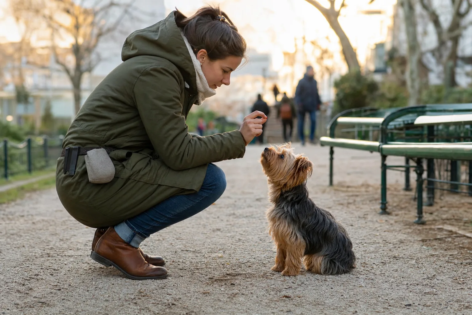 Jeune femme accroupie dans l’allée d’un square, qui tend un minuscule morceau de friandise entre deux doigts à un yorkshire terrier assis, la tête levée