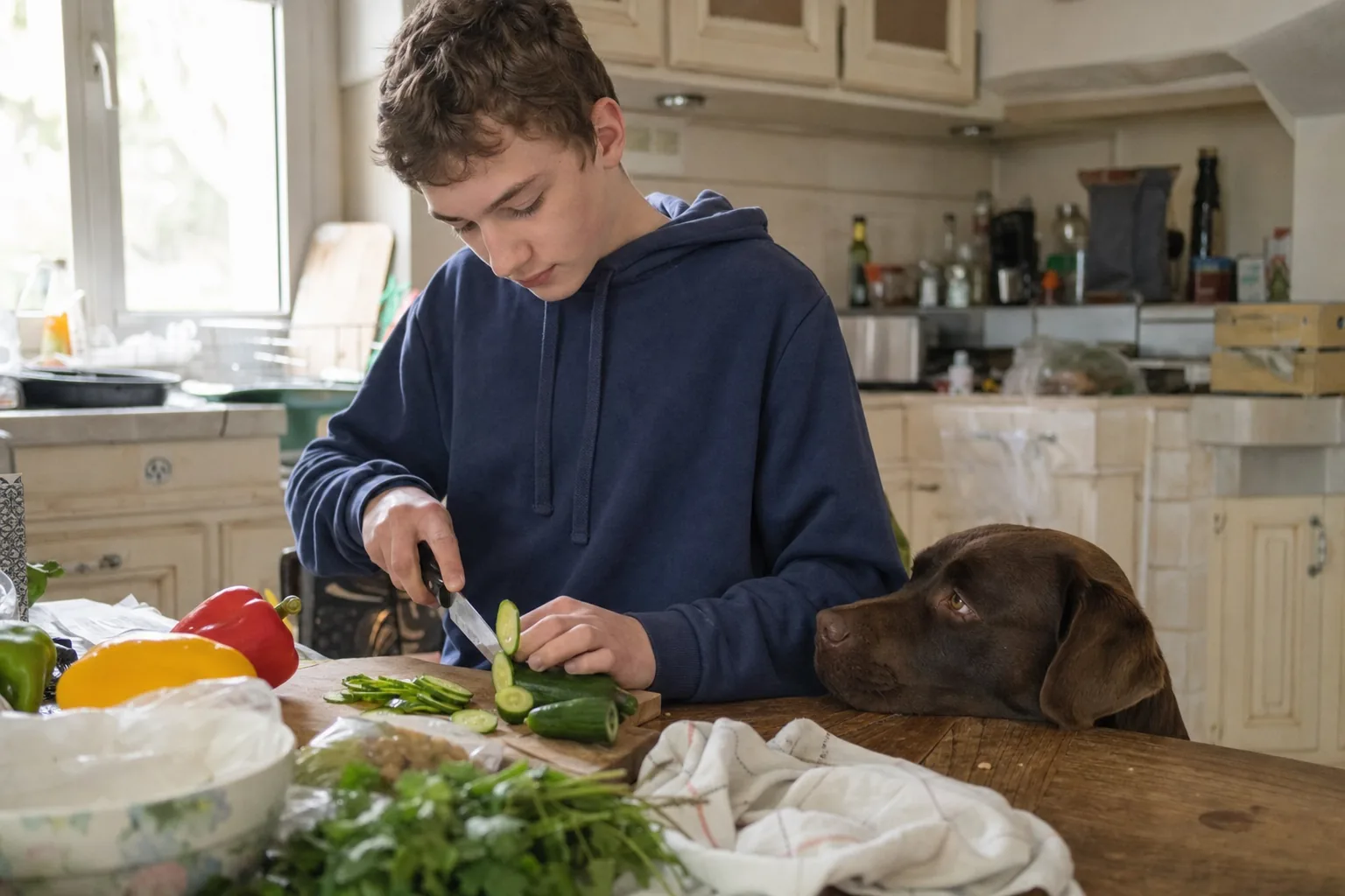 Adolescent qui coupe des rondelles de concombre sur une planche dans une cuisine, pendant qu’un labrador chocolat pose le menton sur le bord de la table