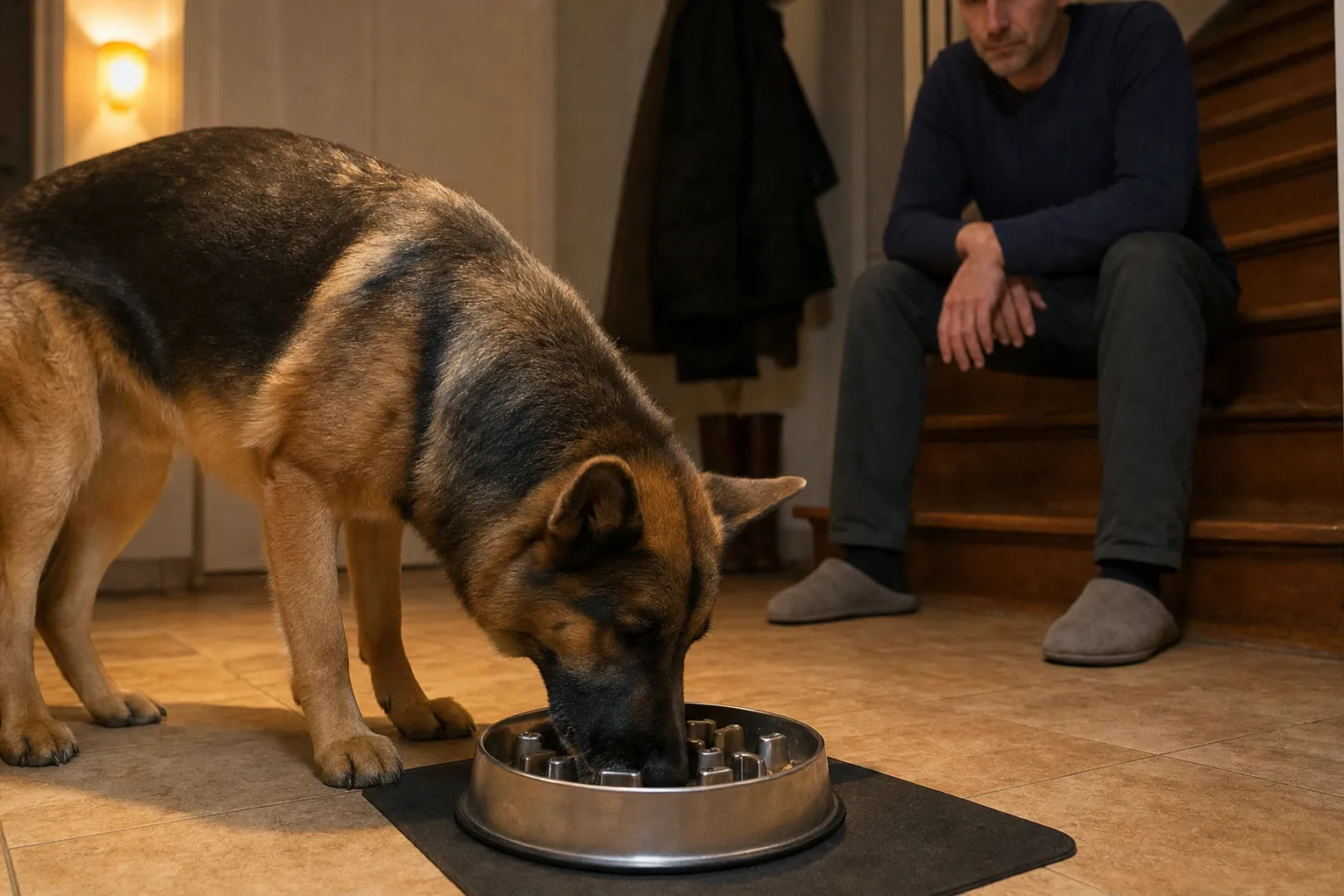 Dans l’entrée carrelée d’une maison, le soir, un berger allemand mange dans une gamelle anti-glouton en inox à picots posée au sol sur un tapis noir, sous le regard de son maître assis sur une marche de l’escalier