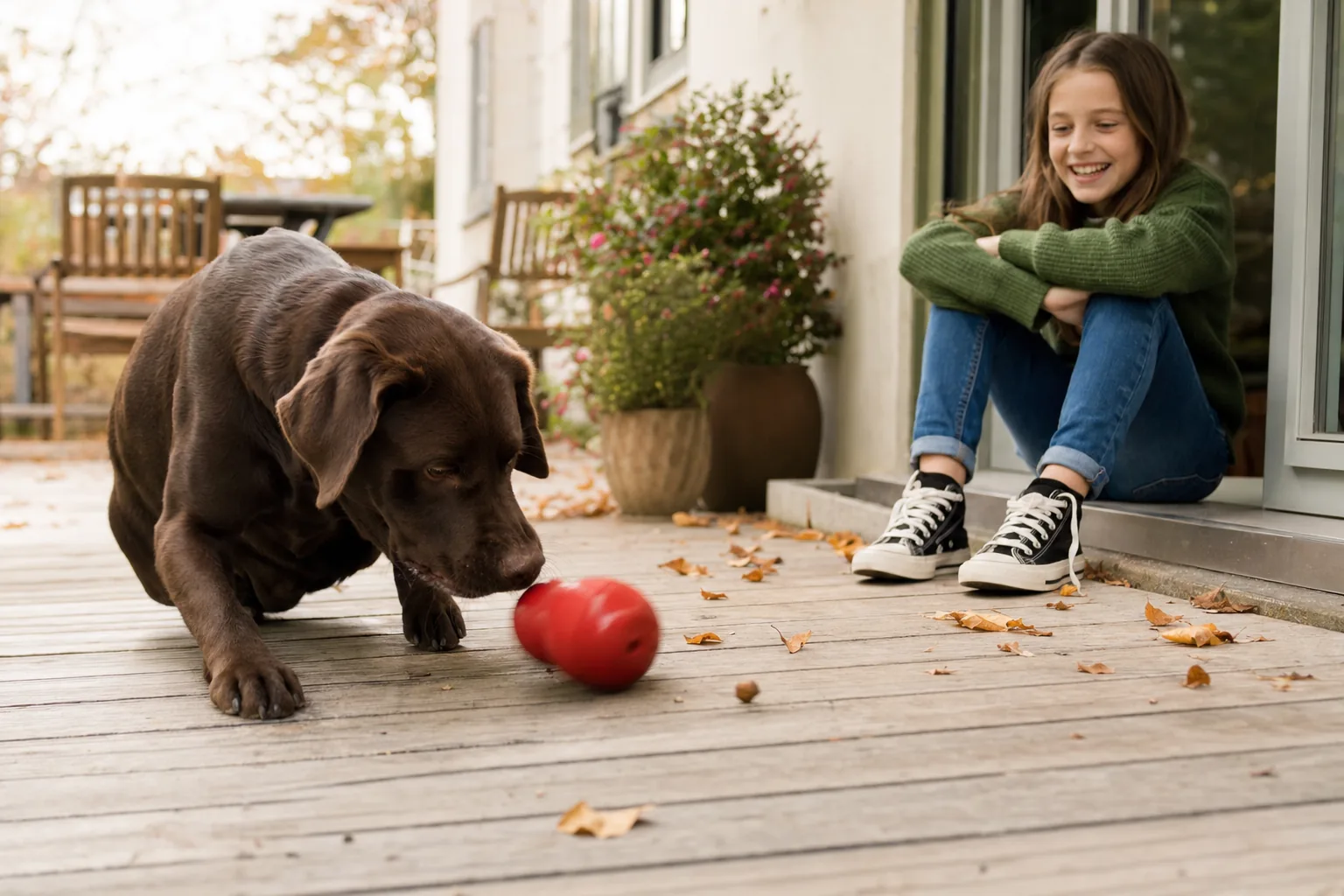 Sur la terrasse en bois d’un pavillon en automne, un labrador chocolat pousse du museau un jouet distributeur rouge qui roule et laisse tomber une croquette, sous les rires d’une fillette en pull vert assise sur le seuil