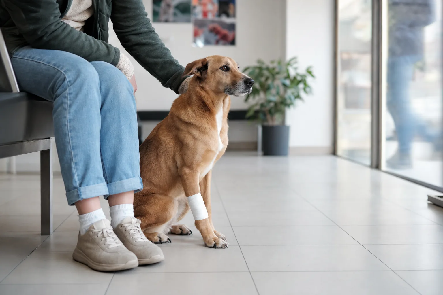 Un chien croisé fauve, la patte avant bandée, attend assis près de sa maîtresse dans la salle d’attente d’une clinique vétérinaire