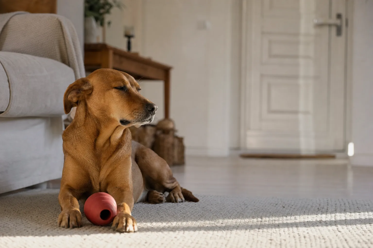 Chien couché sur un tapis avec son jouet à garnir, porte d'entrée fermée en arrière-plan
