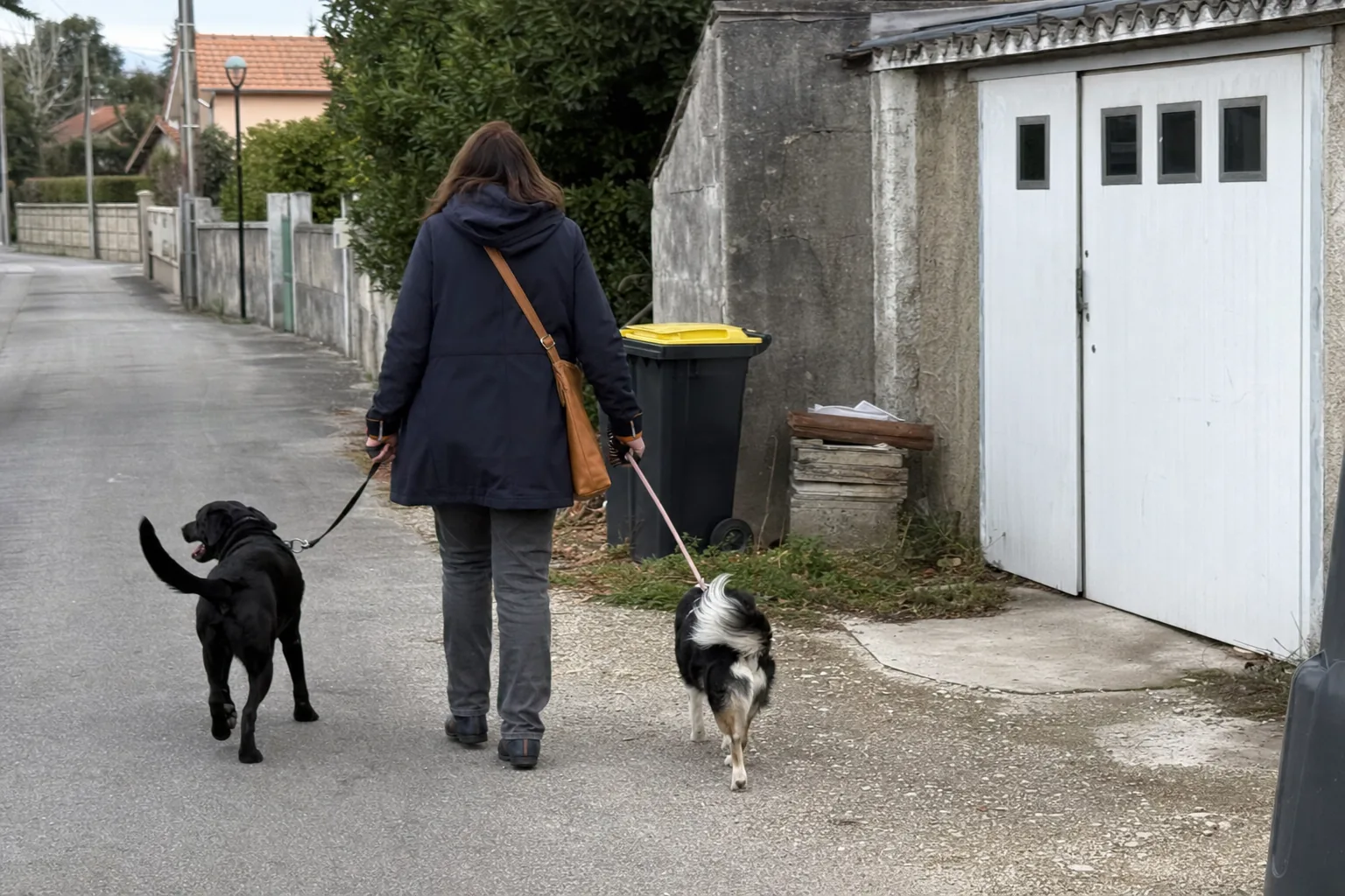 Promeneuse vue de dos avec deux chiens en laisse, dont un labrador noir, dans une rue résidentielle