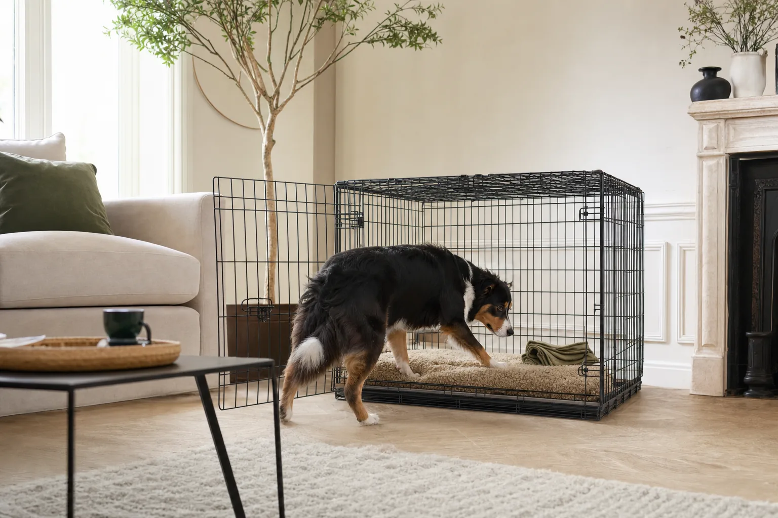 Chien tricolore entrant de lui-même dans une cage métallique ouverte garnie d'un tapis, dans un salon