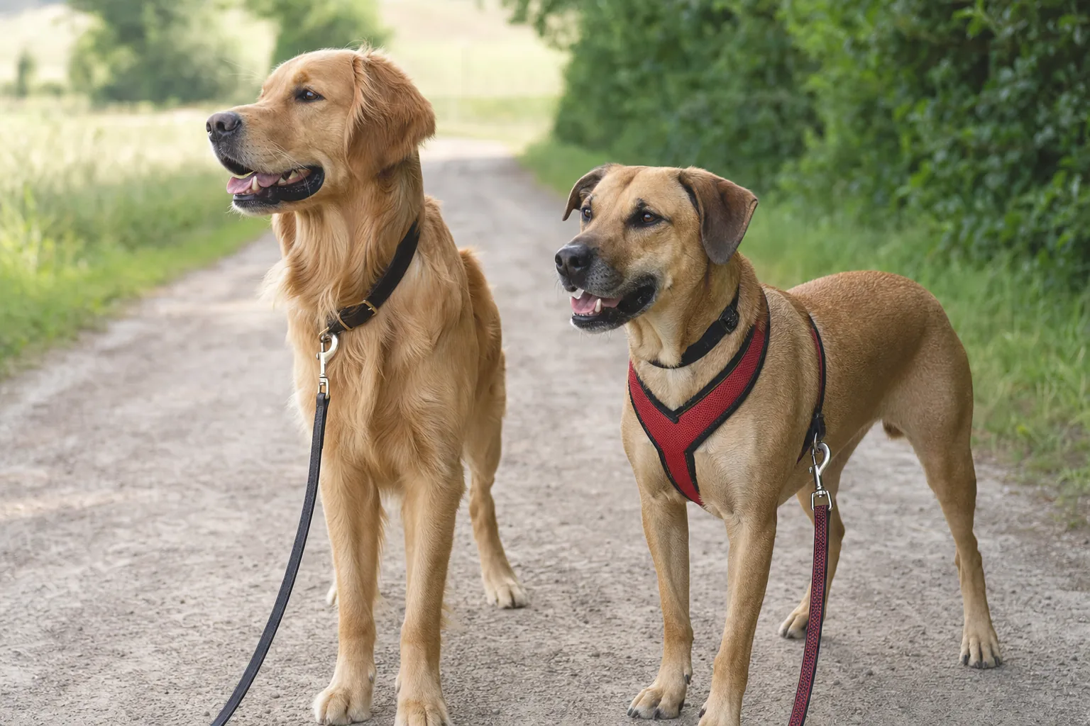 Deux chiens côte à côte sur un chemin de campagne, un golden retriever avec un collier plat en cuir, un croisé avec un harnais rouge à sangle horizontale, laisses détendues