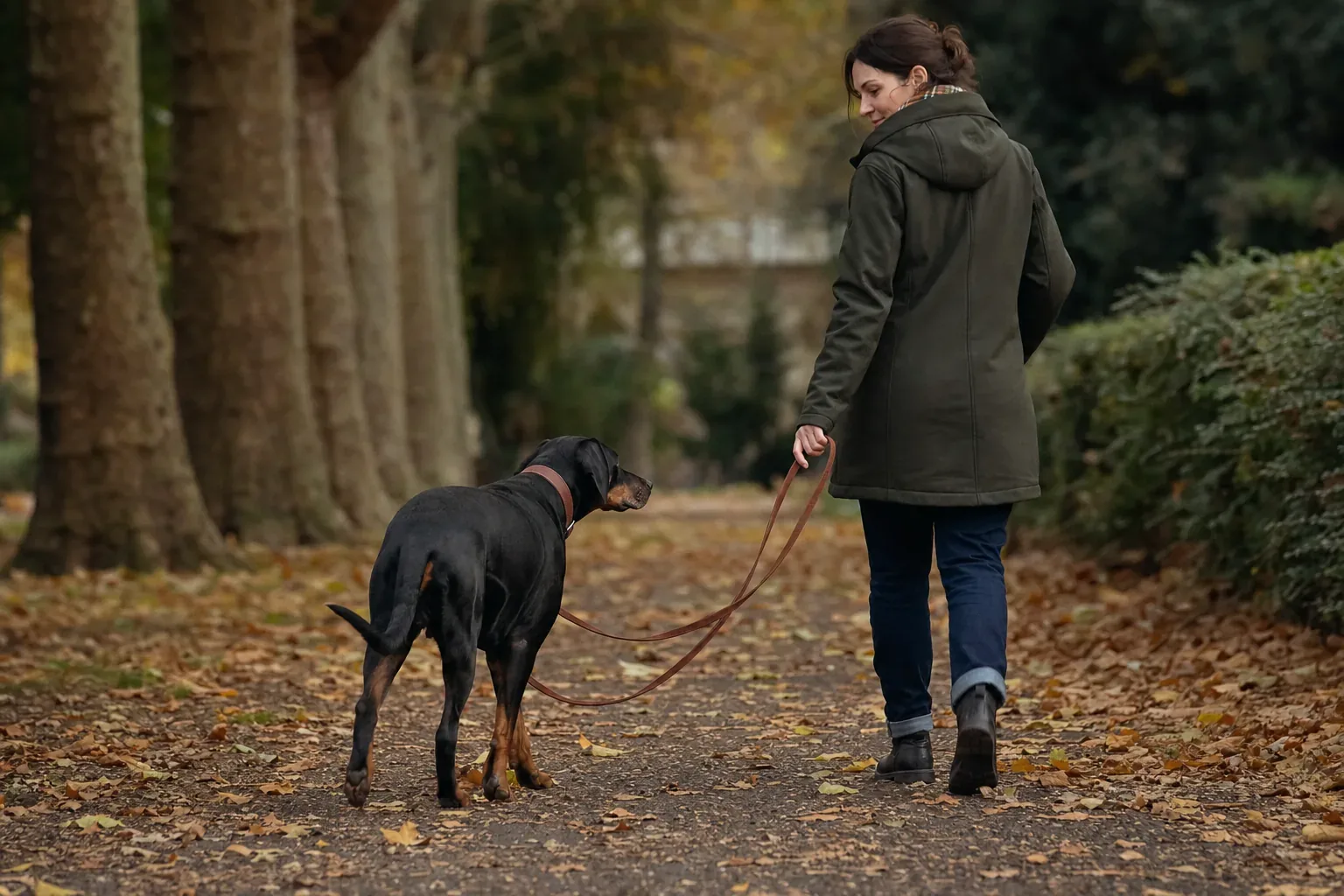 Dobermann d’âge mûr un peu enveloppé qui marche lentement en laisse derrière sa maîtresse, dans une allée de parc couverte de feuilles mortes