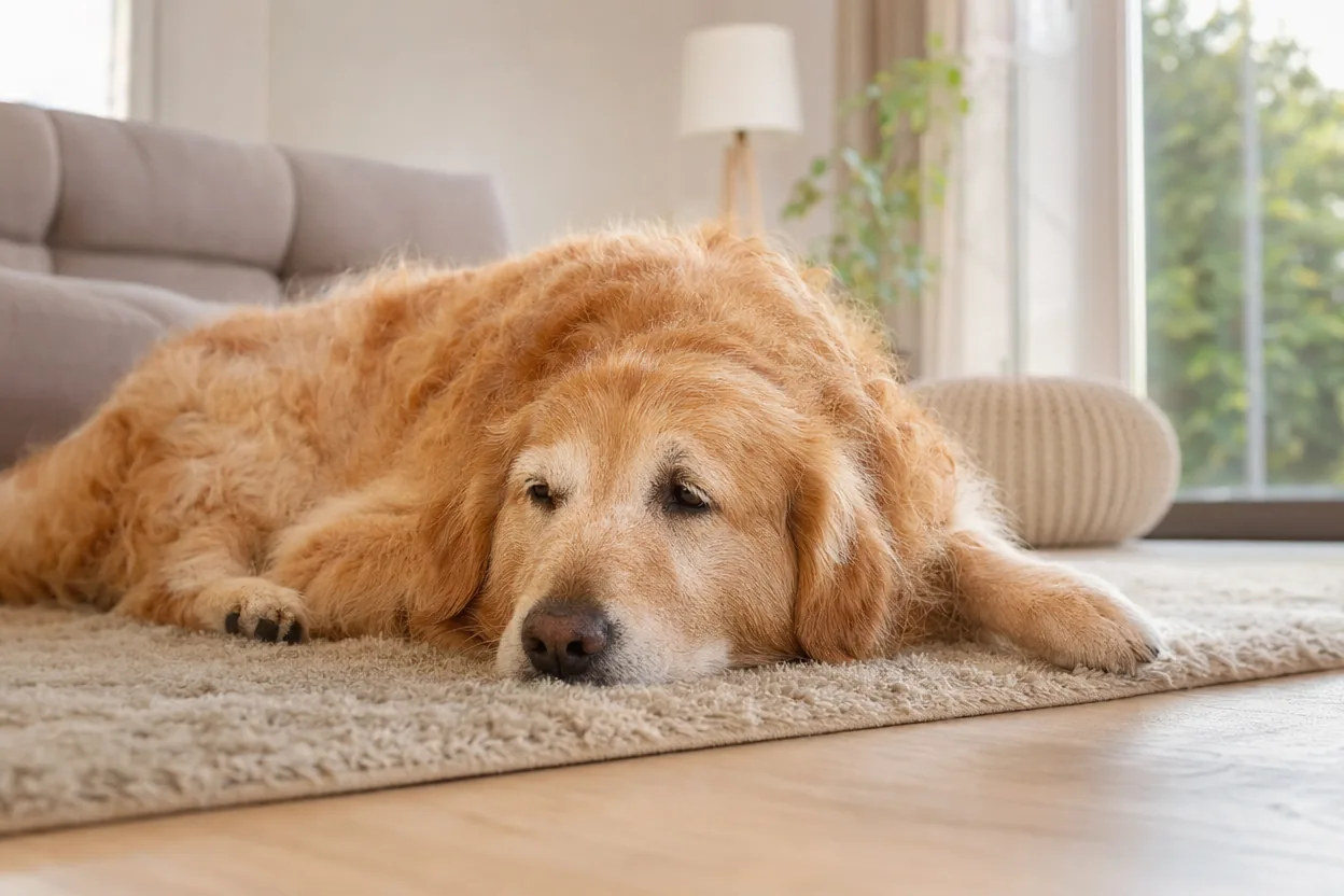 Golden retriever au pelage terne allongé paisiblement sur un tapis dans un salon lumineux