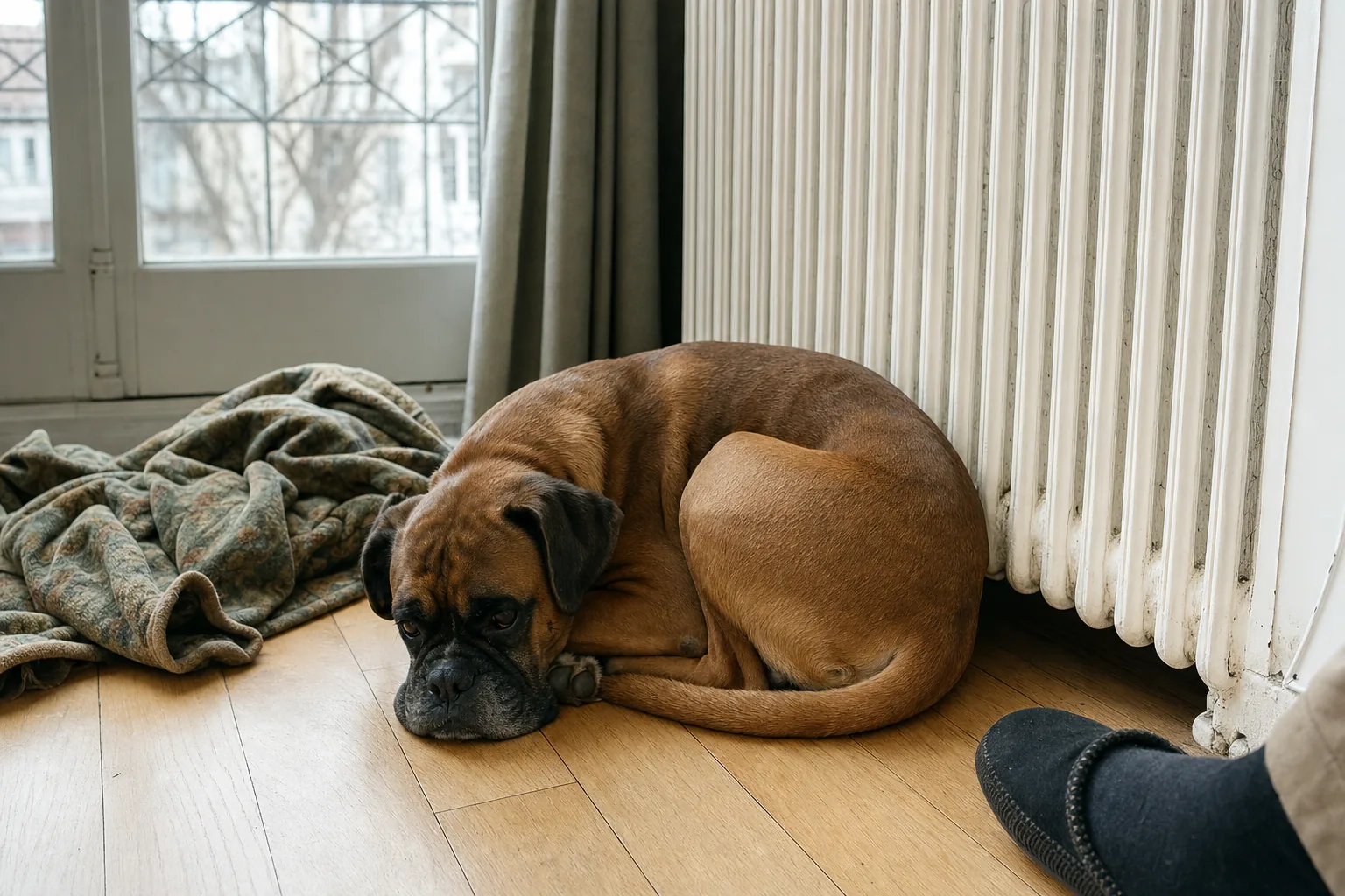 Boxer au poil fauve couché en boule contre un radiateur en fonte dans un appartement ancien, un plaid froissé à côté