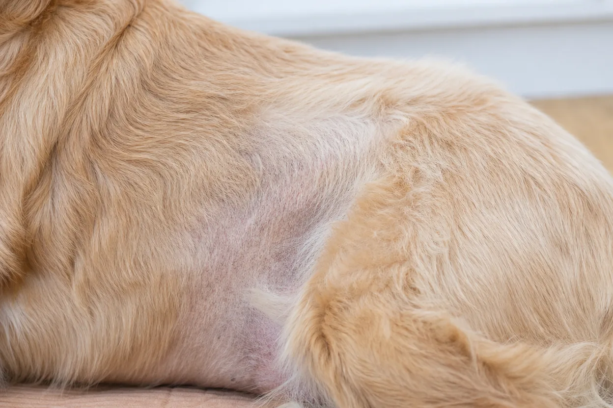 Gros plan sur le pelage terne et clairsemé sur le flanc d'un golden retriever