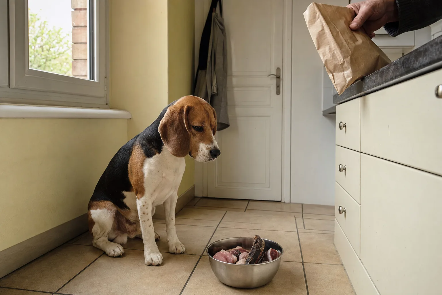 Beagle assis dans une cuisine devant une gamelle en inox remplie de viande crue et d’une gorge séchée