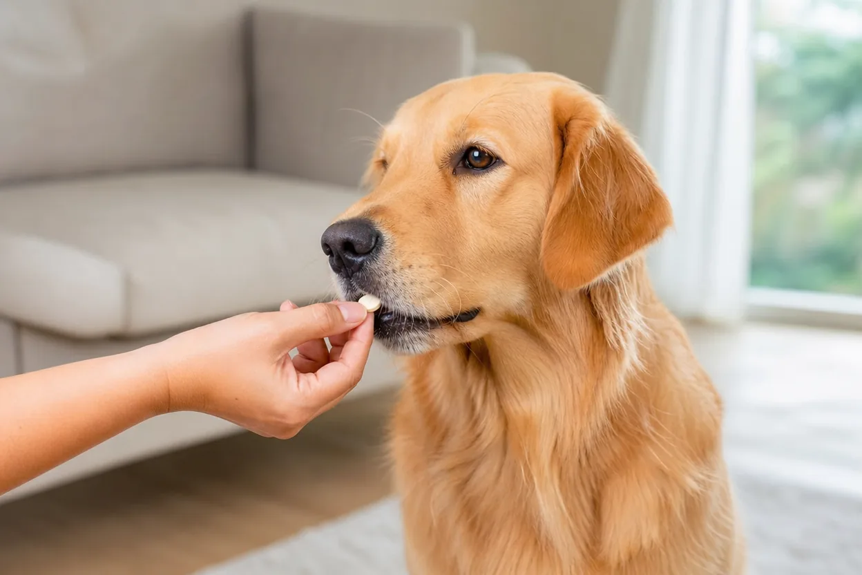Main donnant un comprimé quotidien à un golden retriever coopératif dans un salon