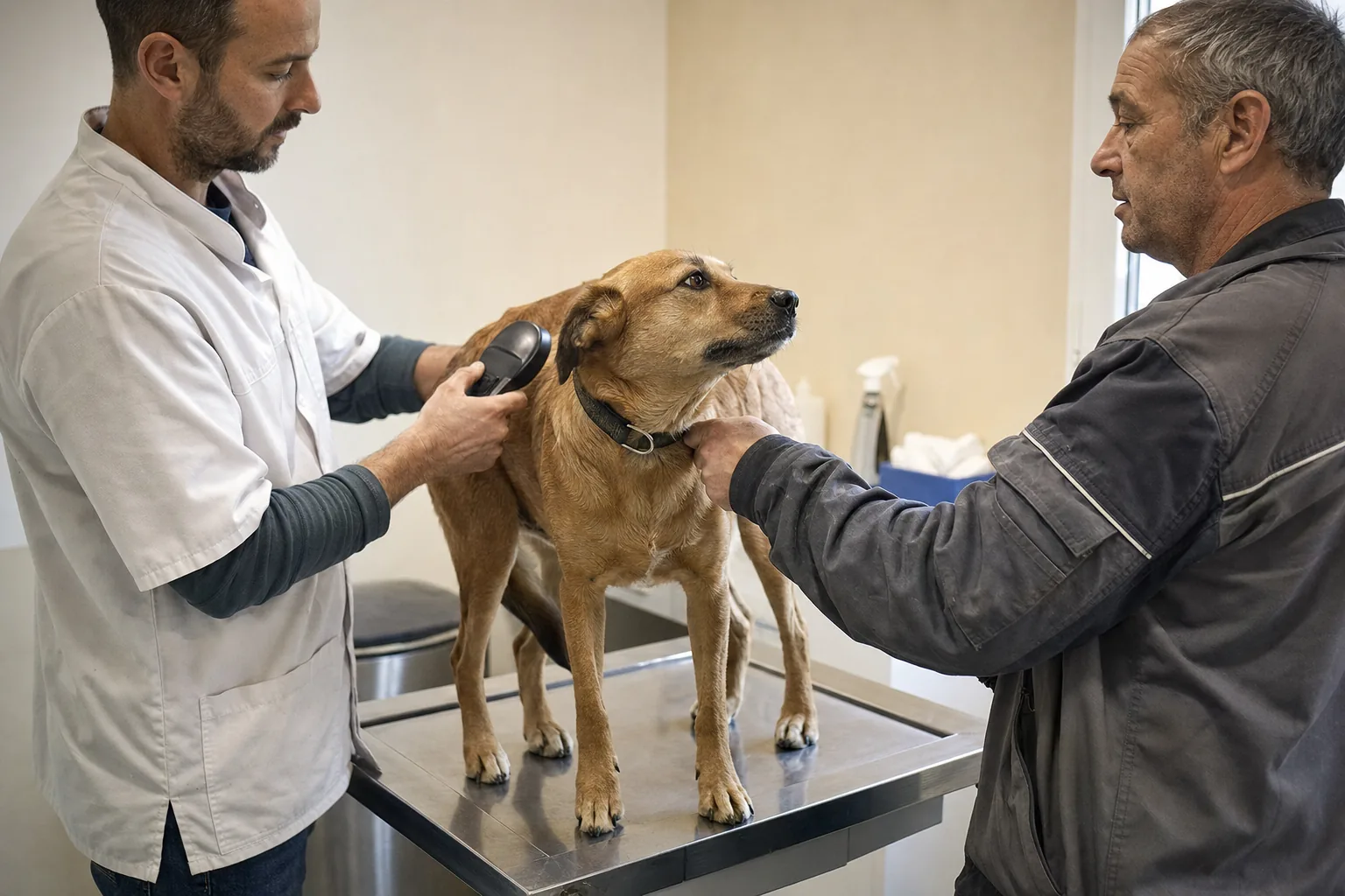 Un vétérinaire passe un lecteur de puce le long de l’encolure d’un chien fauve debout sur la table d’examen, son maître le tenant par le collier