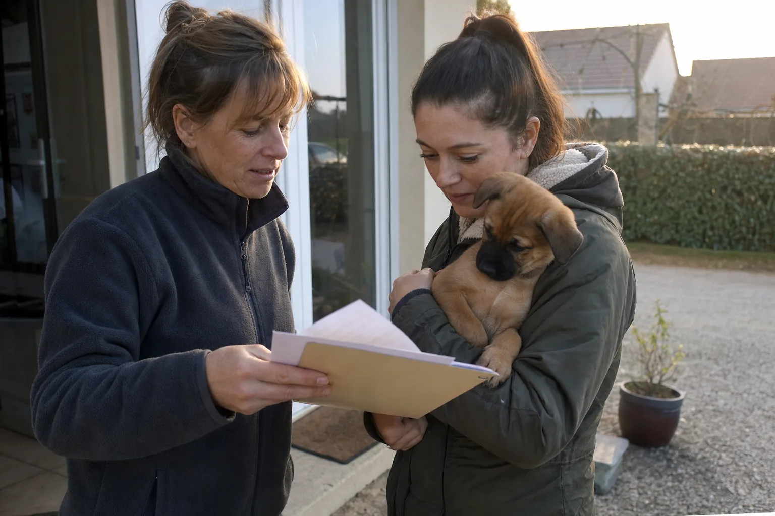 Une éleveuse tend une pochette de documents à une jeune femme qui tient un chiot fauve dans ses bras, sur le pas d’une porte de pavillon