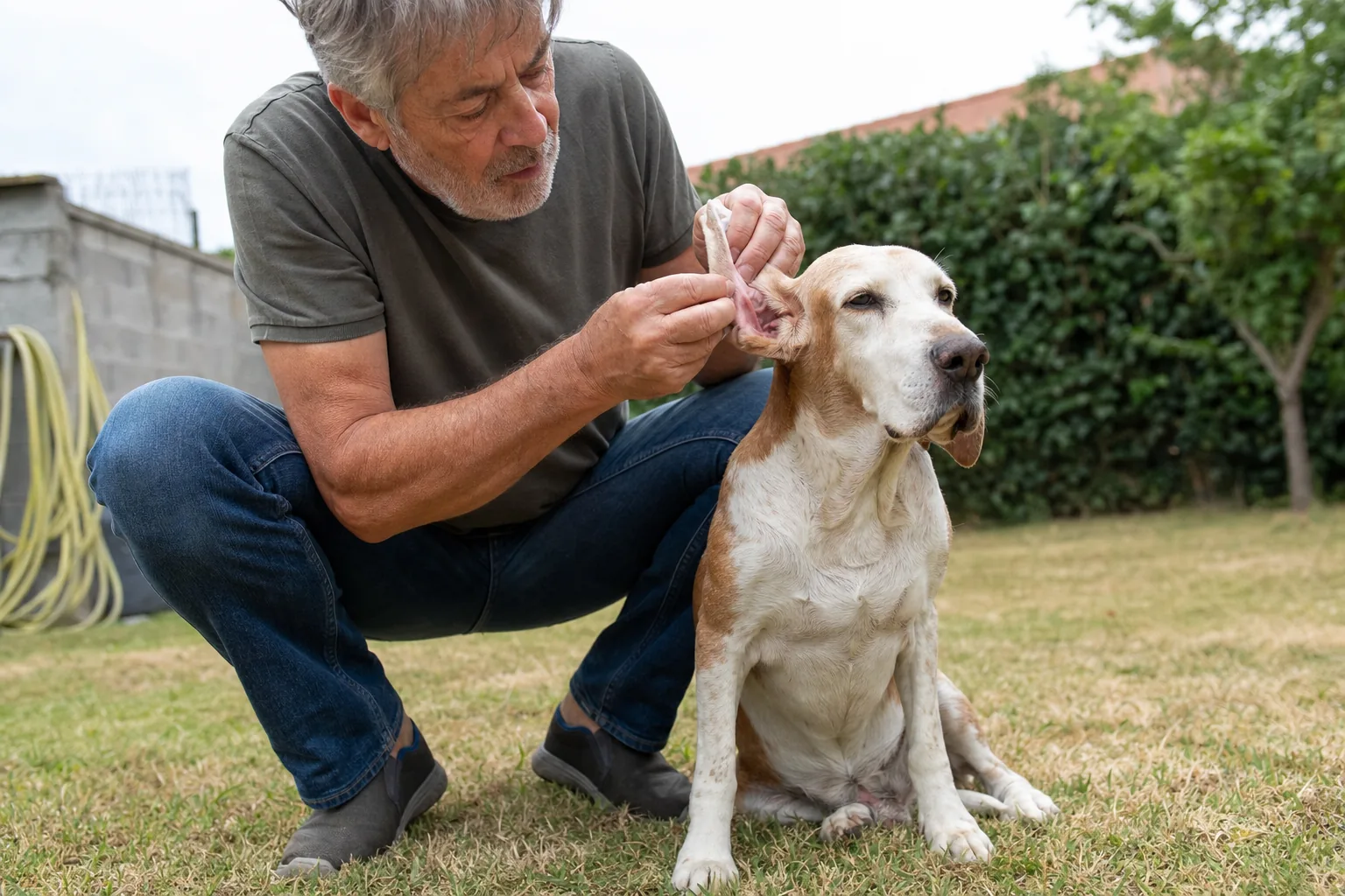 Un homme accroupi dans son jardin retourne le pavillon de l’oreille de son chien âgé au poil blanc et fauve pour l’examiner