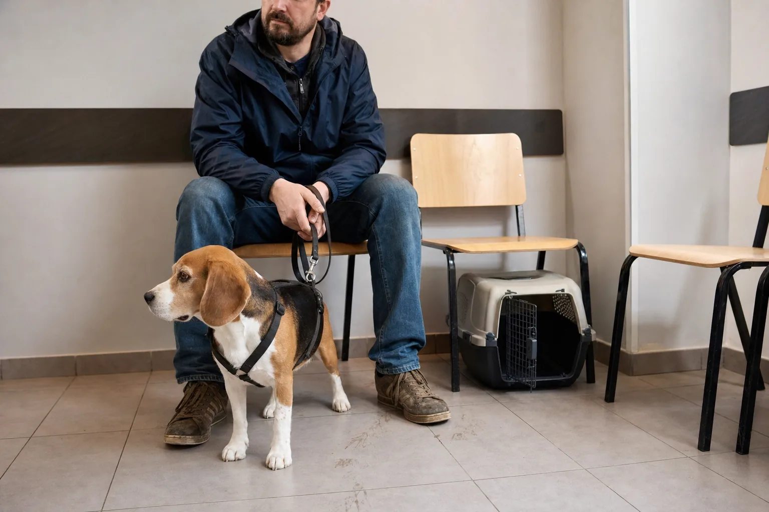 Un beagle en laisse se tient près des chaussures de son maître dans une salle d’attente vétérinaire ordinaire