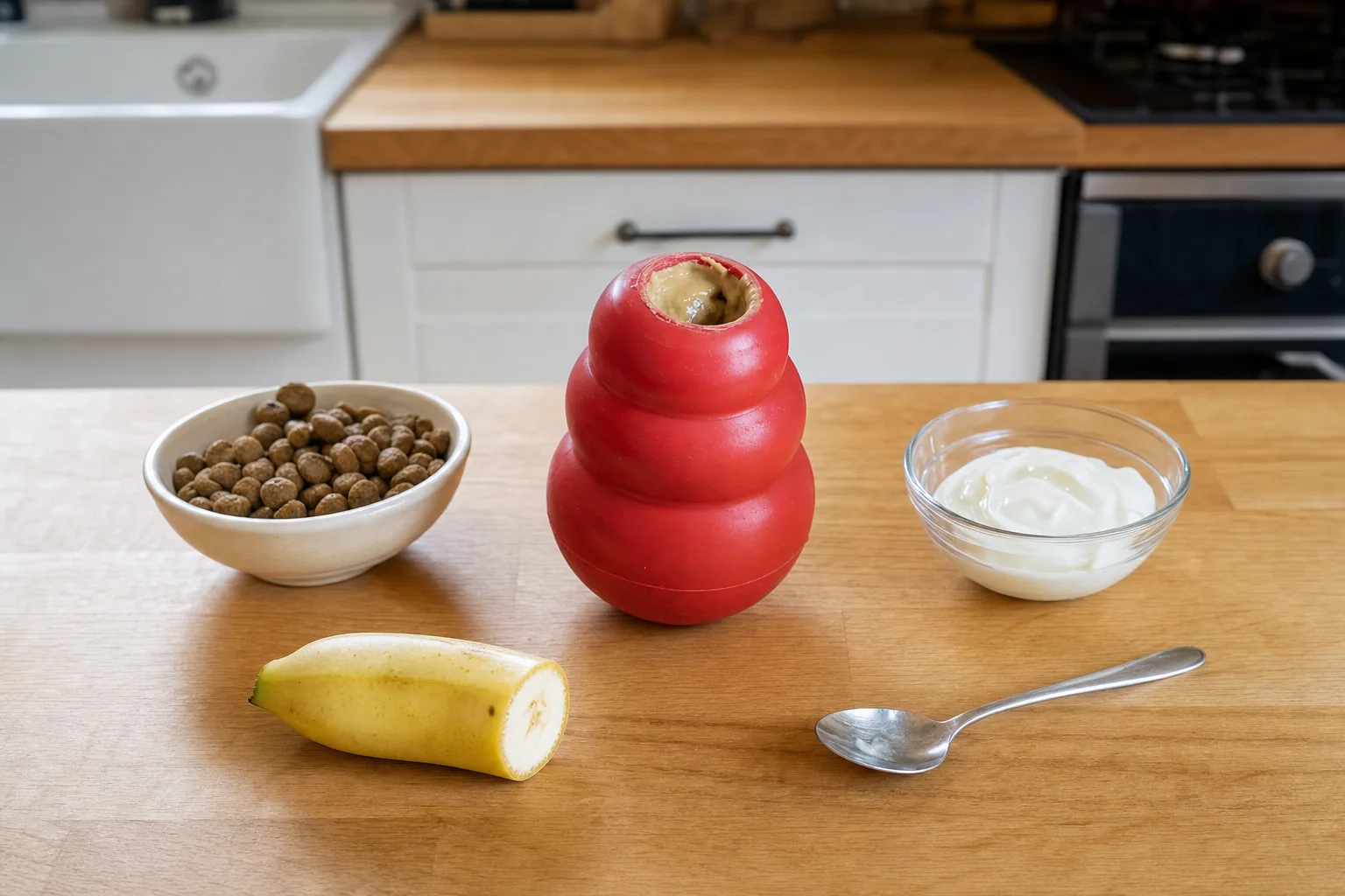 Jouet en caoutchouc creux à moitié garni sur un plan de travail, entouré de croquettes, de yaourt nature et d'une banane