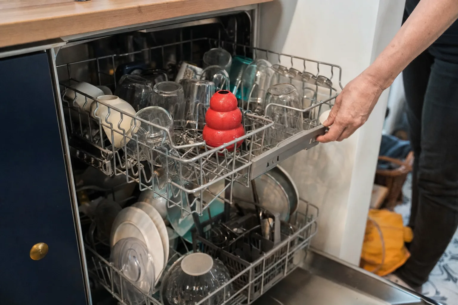 Jouet en caoutchouc rouge creux posé debout dans le panier du haut d’un lave-vaisselle ouvert