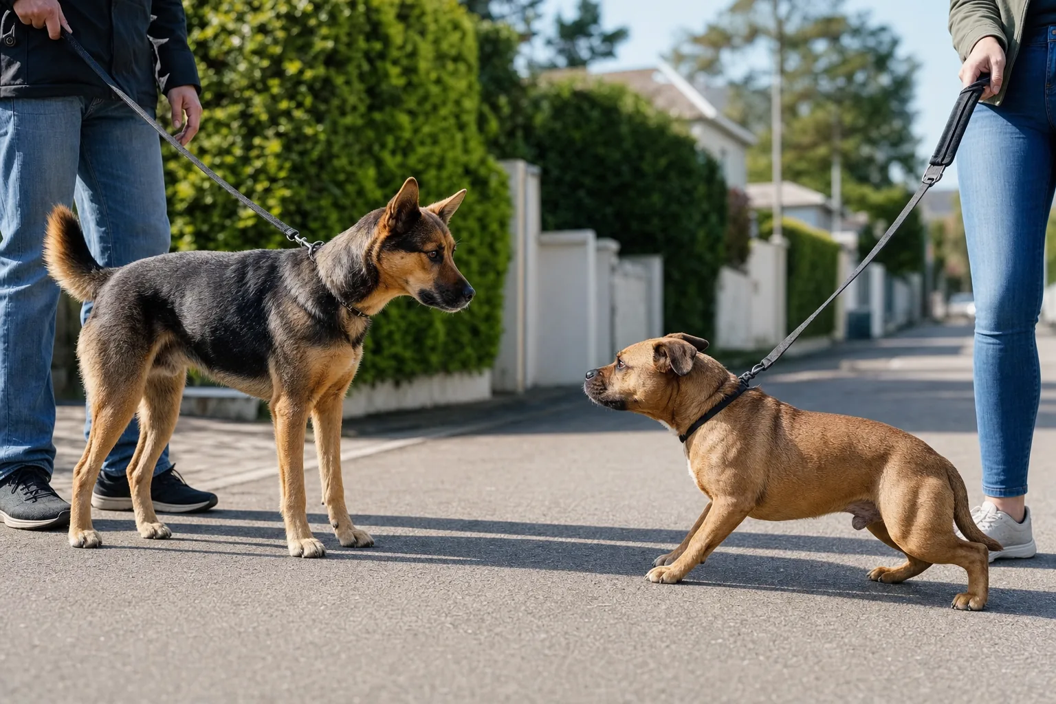 Deux chiens en laisse face à face sur un trottoir, un berger croisé droit et oreilles en avant, un petit chien fauve corps abaissé