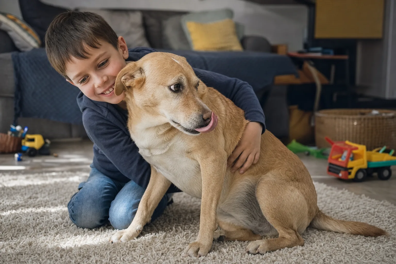 Enfant souriant qui serre un chien beige sur un tapis de salon, le chien détourne la tête et se lèche la truffe, oreilles en arrière