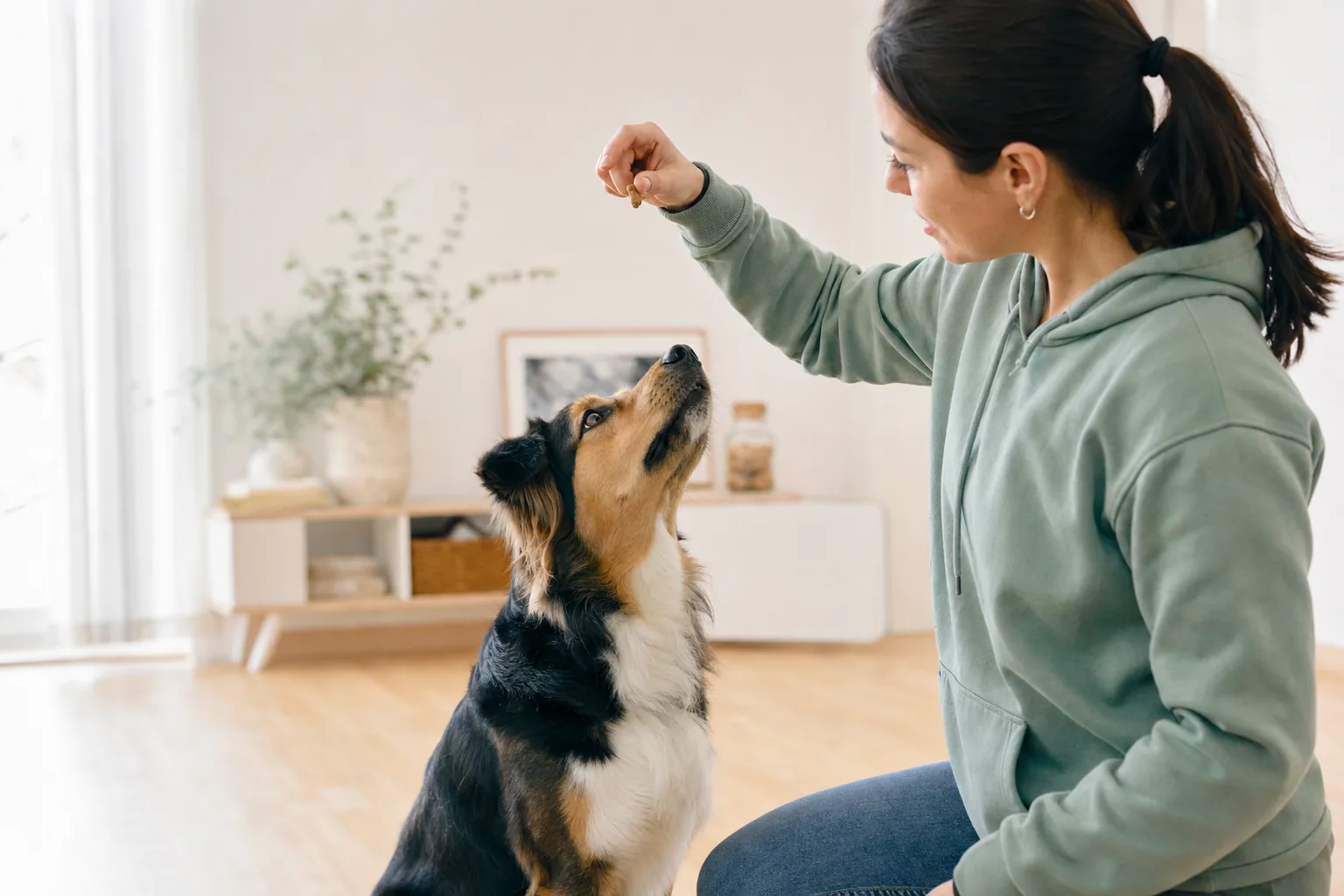 Chien suivant une friandise tenue entre les doigts de sa maîtresse