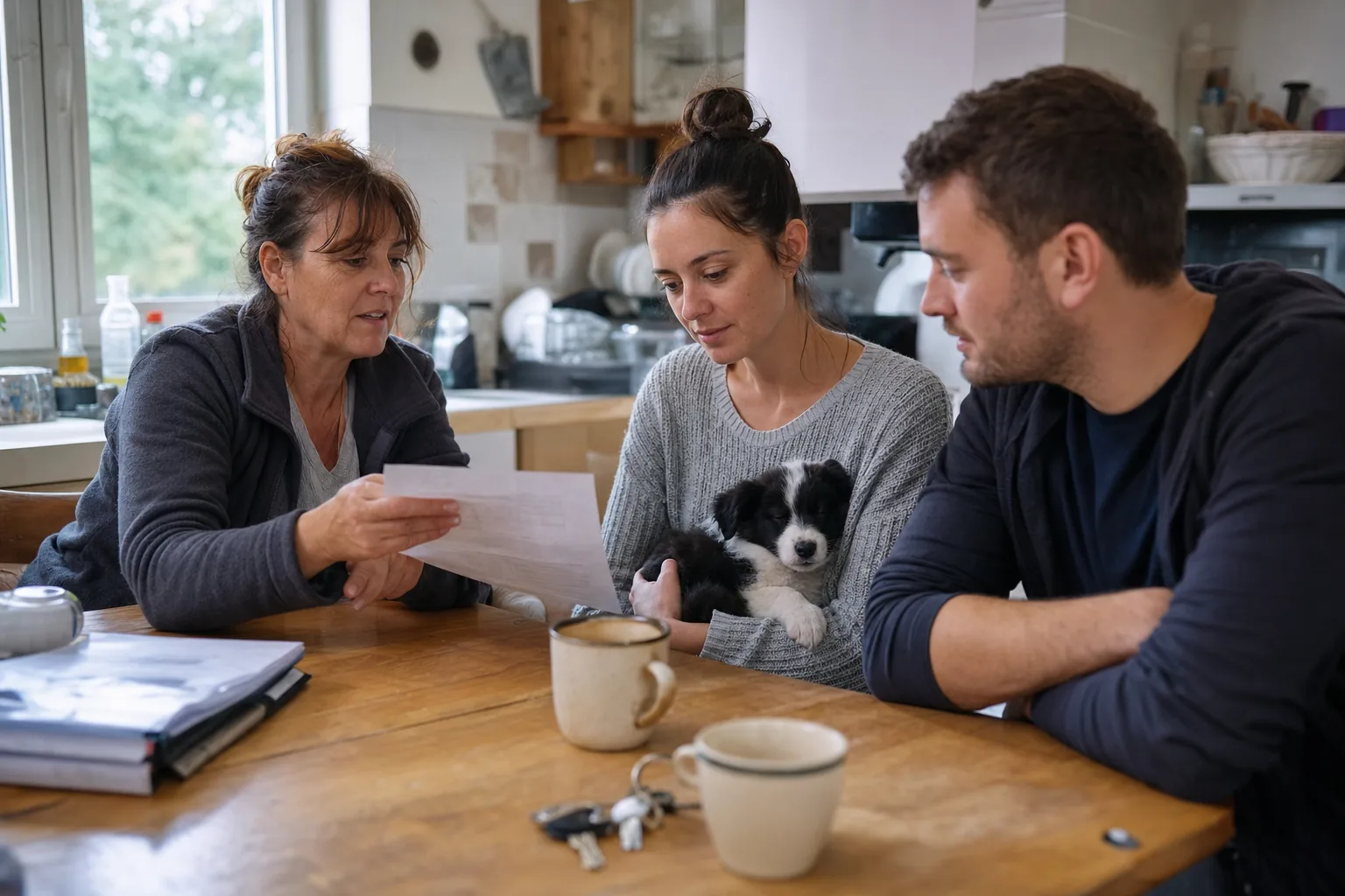 Dans une cuisine, une éleveuse tend un document à un couple assis à table, la femme tient sur ses genoux un chiot border collie noir et blanc qui somnole