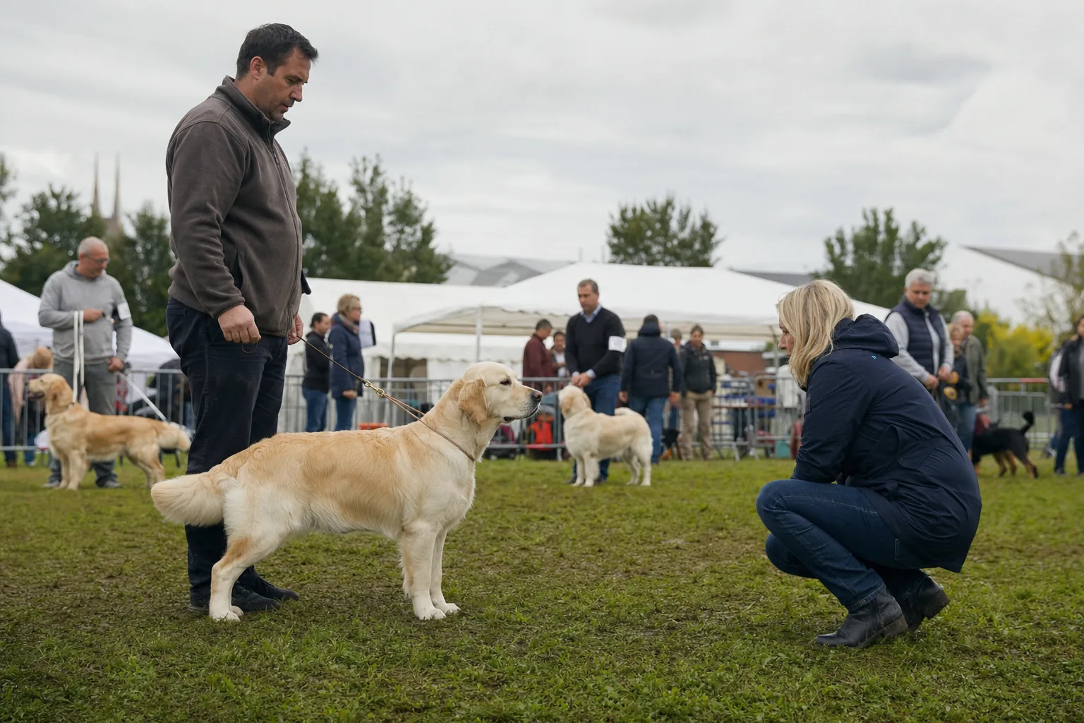 Sur l’herbe d’un terrain d’exposition canine, un homme présente un golden retriever en laisse devant une femme accroupie qui observe l’aplomb du chien