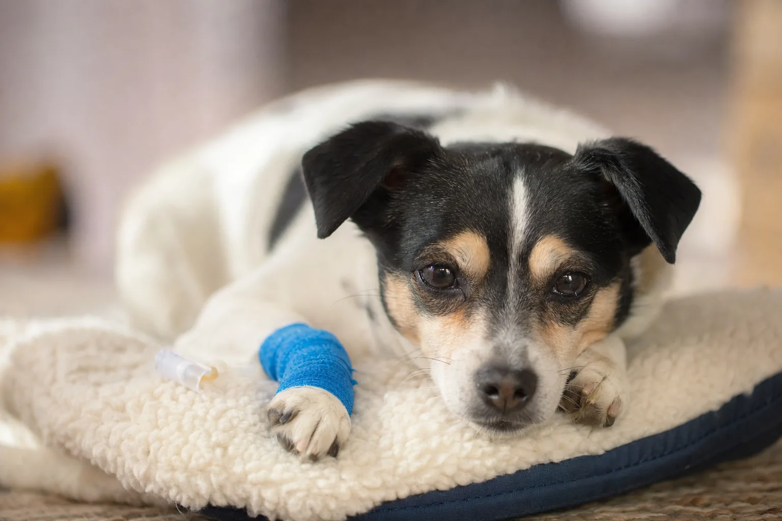 Petit chien en convalescence au repos sur un coussin