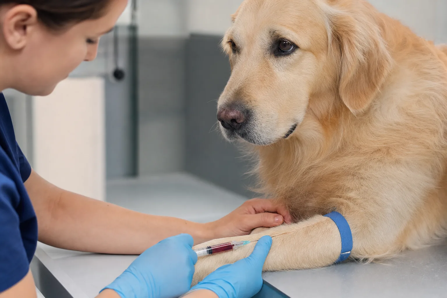 Prise de sang réalisée sur un chien en clinique