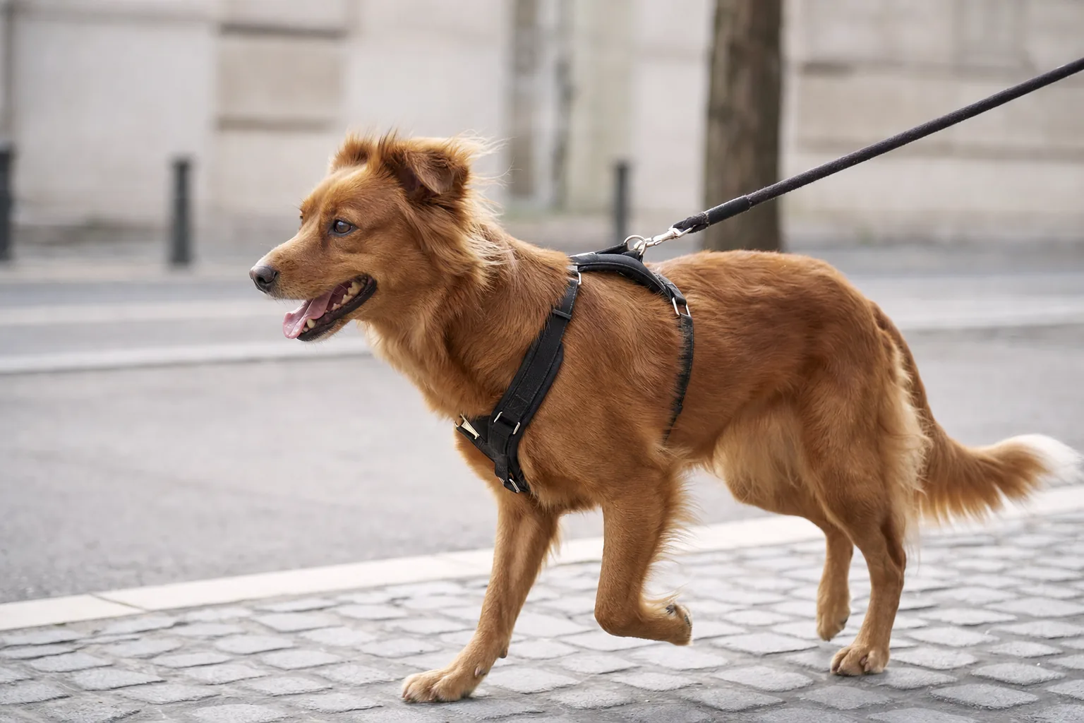Chien équipé d'un harnais de marche en ville