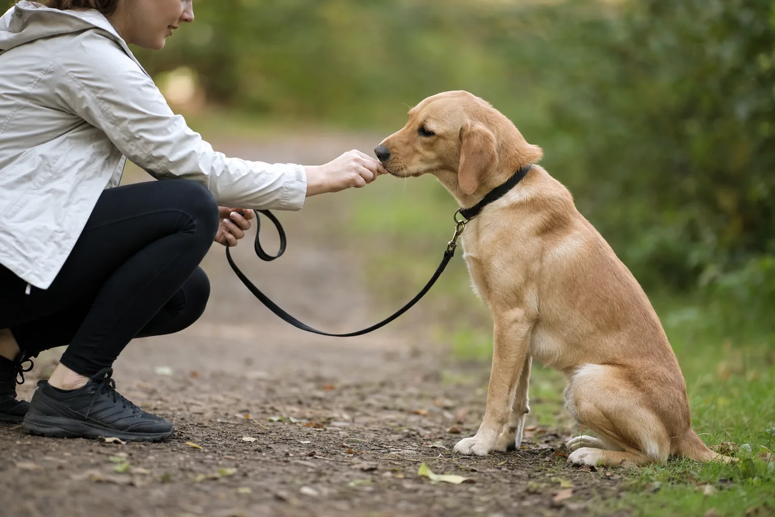 Personne récompensant son chien pendant la marche en laisse