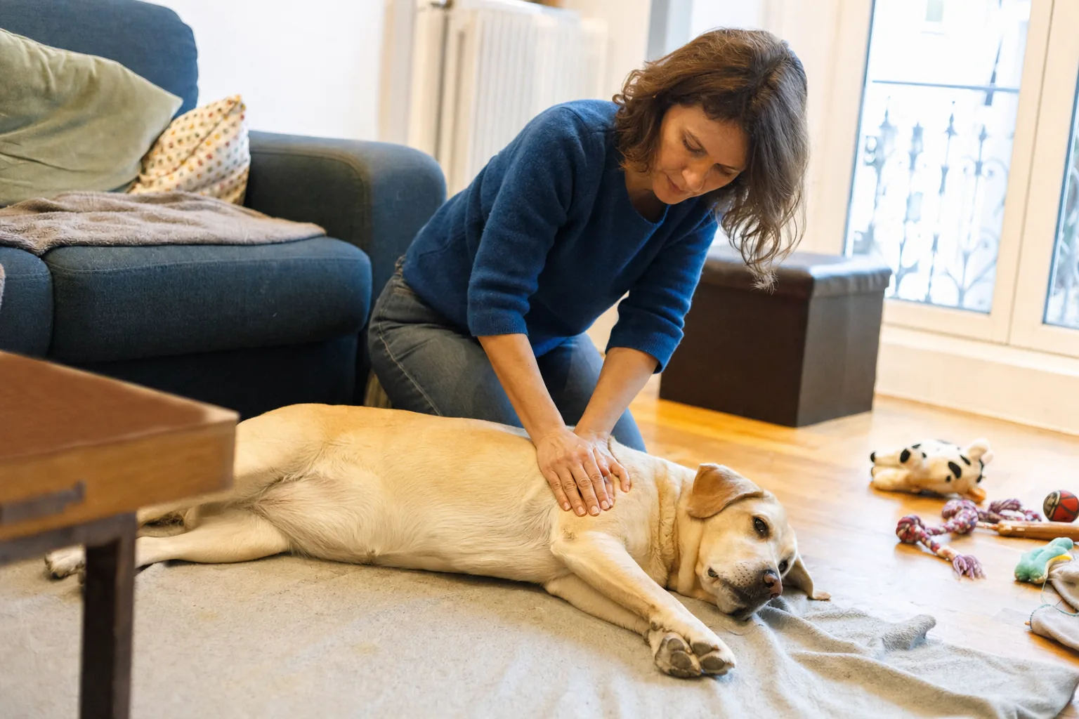 Dans un salon, une femme à genoux sur le tapis pose ses deux mains superposées sur la poitrine d’un labrador sable couché sur le côté, calme et les yeux ouverts