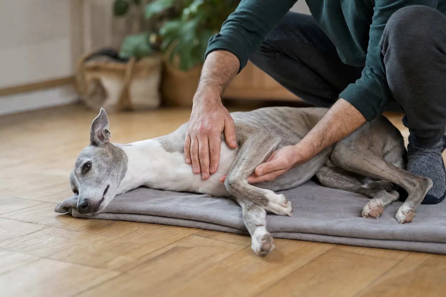 Sur un parquet, un homme accroupi ramène vers l’arrière la patte avant d’un whippet couché sur le côté et pose la main sur sa poitrine, sous la pointe du coude