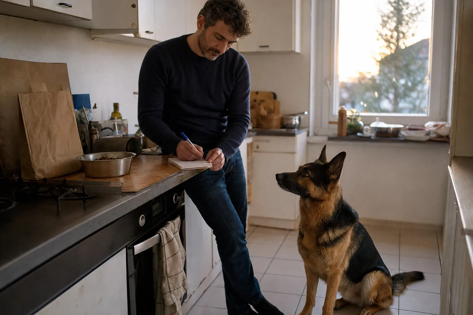 Dans la cuisine d’un appartement en fin de journée, un homme en pull bleu marine note quelque chose dans un petit carnet sur le plan de travail, à côté d’une gamelle de croquettes, son berger allemand noir et feu assis sur le carrelage qui le regarde.