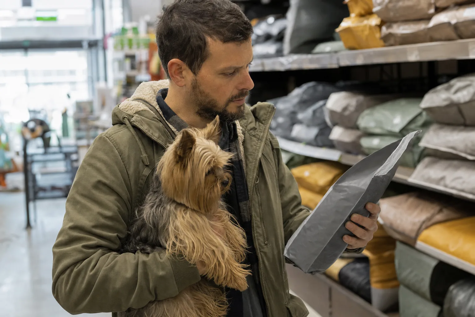Dans le rayon d’une animalerie, un homme en parka kaki tient son yorkshire terrier dans le bras et lit le dos d’un sac de croquettes gris.