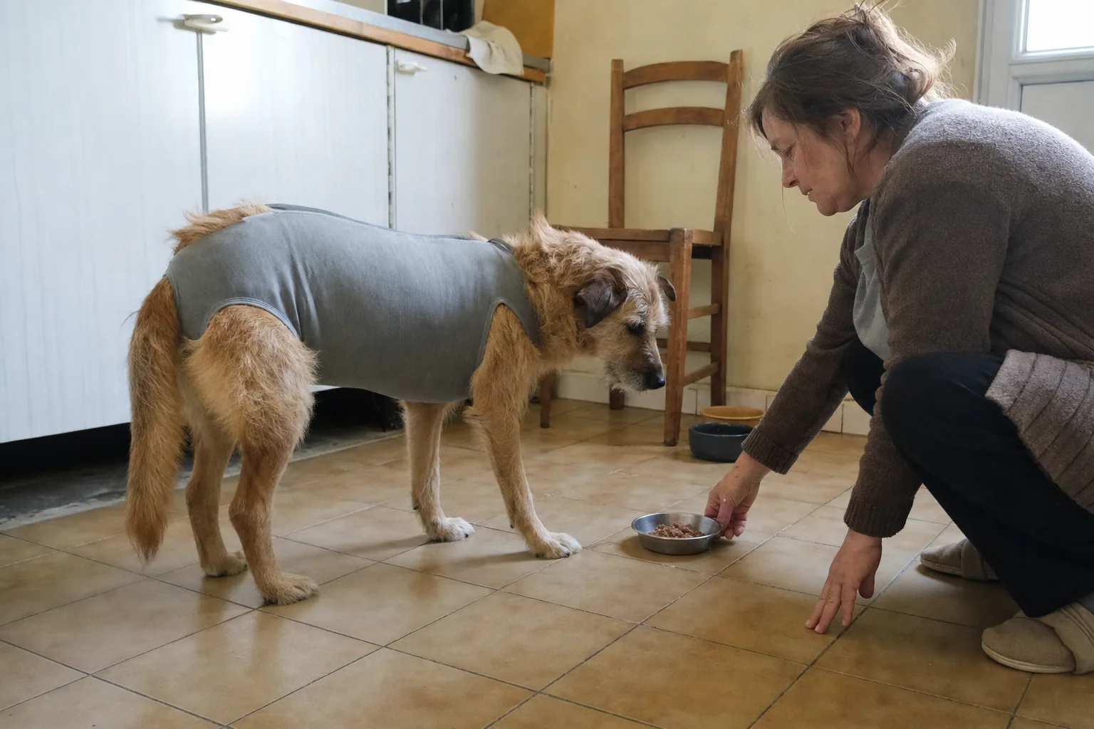 Femme accroupie près d’un chien fauve en body postopératoire, devant une petite gamelle de pâtée dans une cuisine