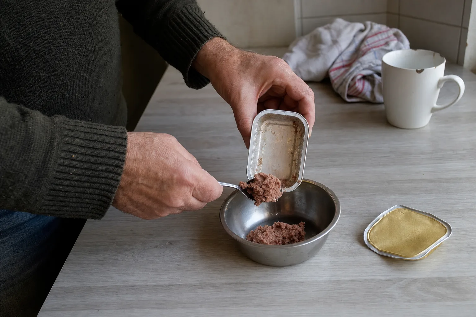 Mains d’un homme servant une petite portion de pâtée dans une gamelle en inox sur un plan de travail de cuisine