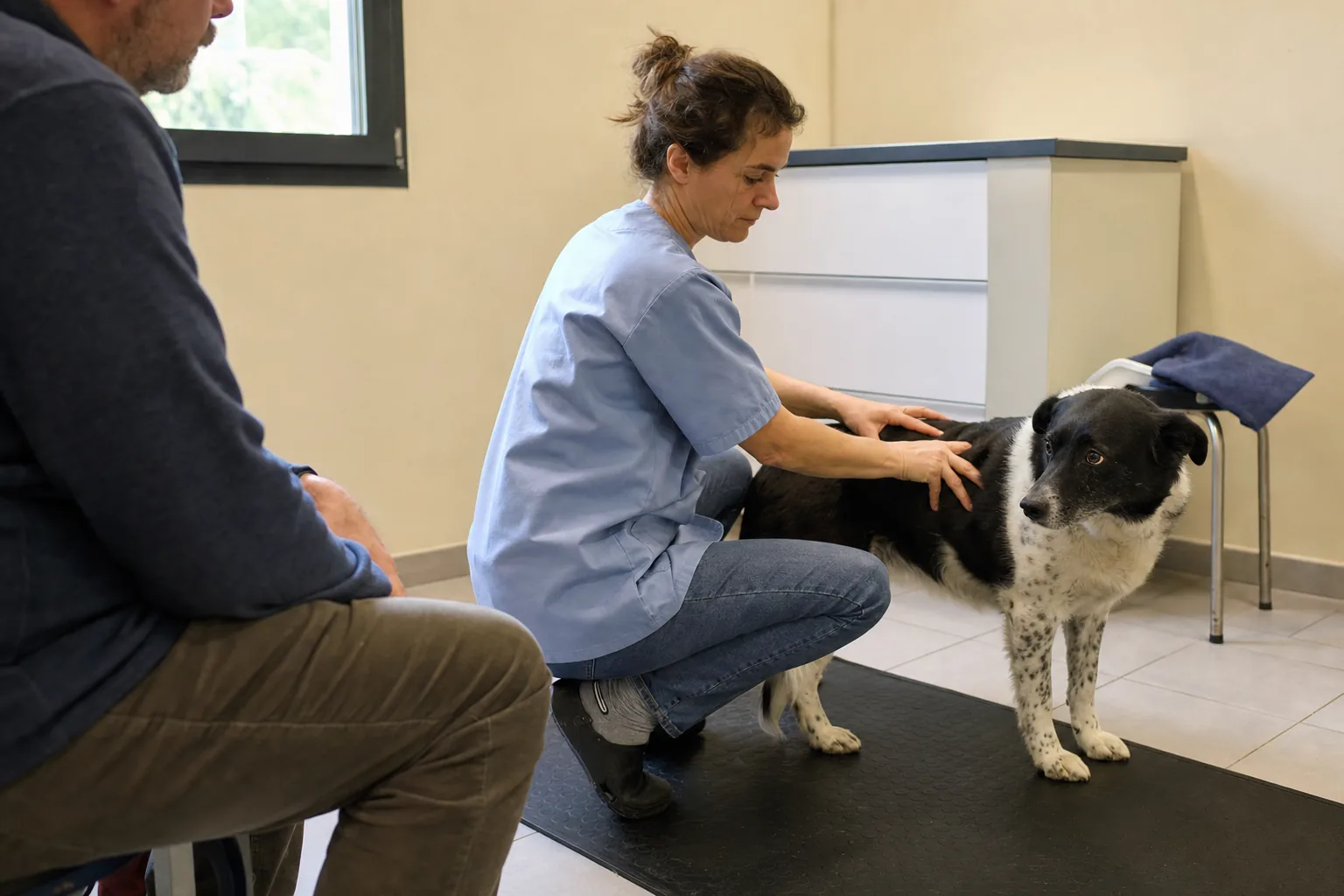 Vétérinaire accroupie qui palpe doucement le dos d’un chien noir et blanc sur un tapis dans une salle de consultation