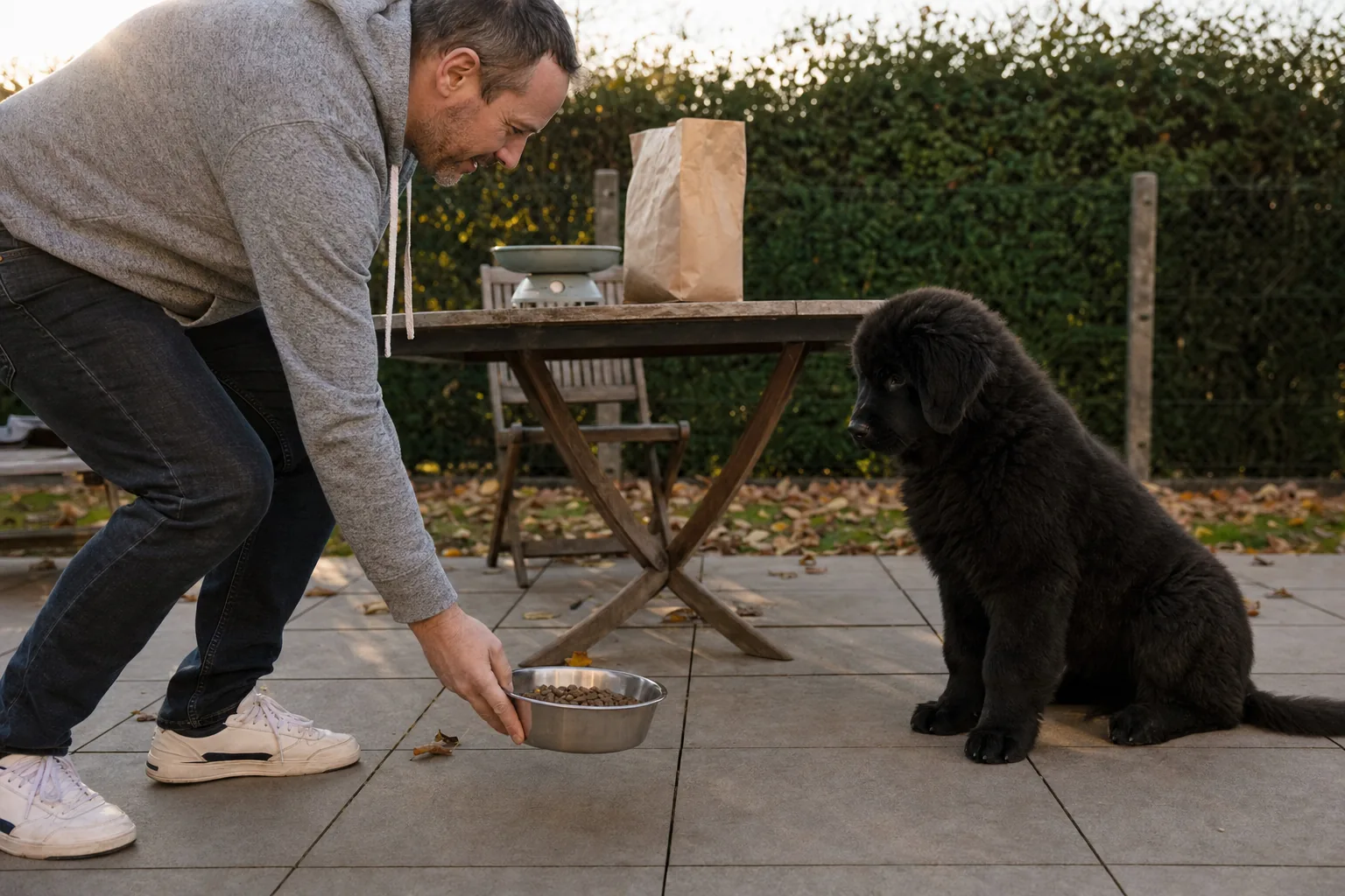 Sur la terrasse d’un pavillon en automne, un homme en sweat gris pose une gamelle de croquettes devant un chiot terre-neuve noir assis qui attend, une balance de cuisine et un sac en papier kraft sur la table de jardin derrière eux