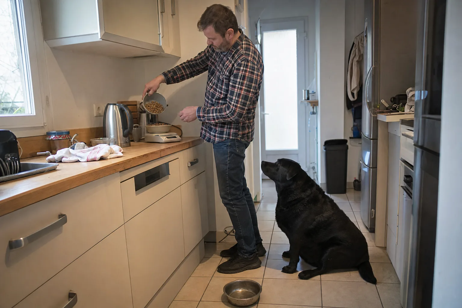Dans la cuisine d’une maison, un homme en chemise à carreaux verse des croquettes sur une balance de cuisine posée sur le plan de travail, son labrador noir en net surpoids assis sur le carrelage qui le regarde, une gamelle vide à ses pieds.
